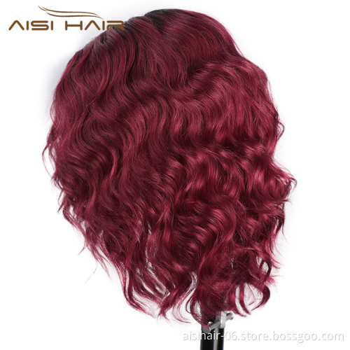 Aisi Hair Human Hair Ombre Red Short Bob Swiss Lace Wigs Body Wave 100% Brazilian Human Hair Lace Front Wigs For Black Women